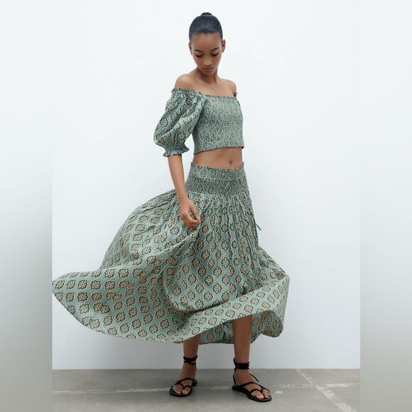 ZARA BOHO SMOCKED LONG PRINTED SKIRT - Picture 3 of 15
